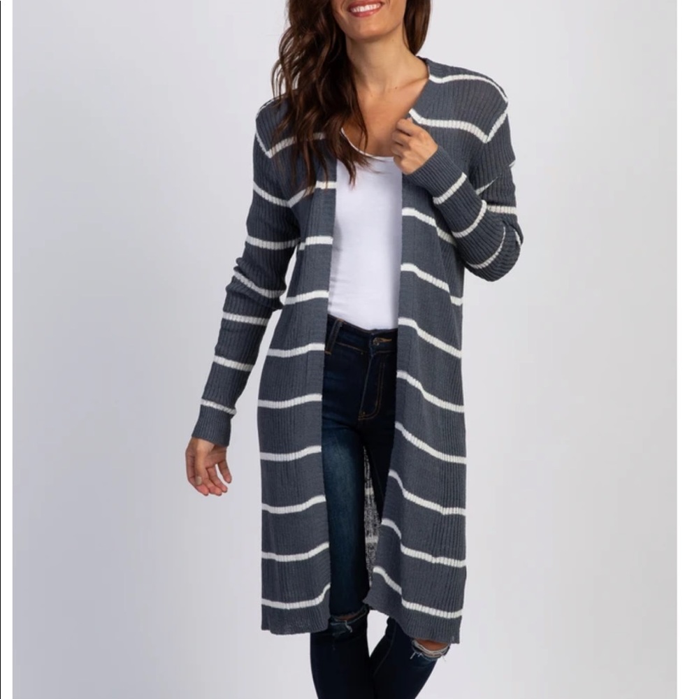 Blue/Grey Striped Knit Long Cardigan